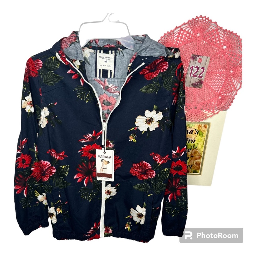 NWT Denim&Flower Ricky Singh Kids Navy Tropical Floral Hoodie Jacket Kids - Picture 1 of 15